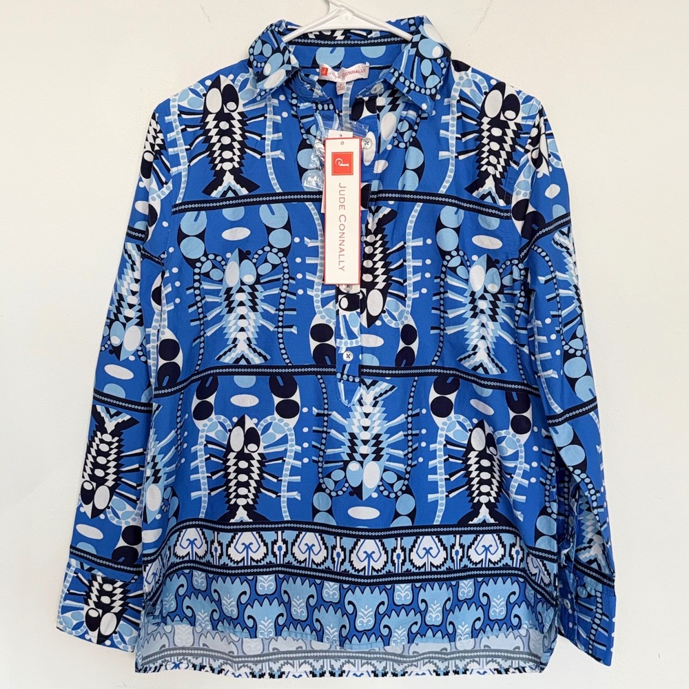 Jude Connally Pru Stretch Poplin Shirt Seaside Catch Sapphire Blue Lobster S NEW